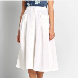 White linen button-down midi skirt